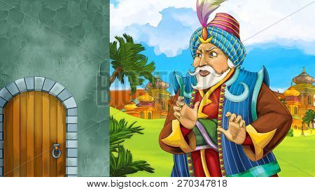 Cartoon Scene With Medieval Arabic Kingdom Prince Or King Traveling Near Wooden Door Entrance - Far 