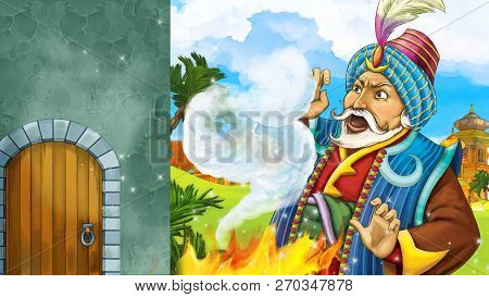 Cartoon Scene With Medieval Arabic Kingdom Prince Or King Traveling Near Wooden Door Entrance - Far 