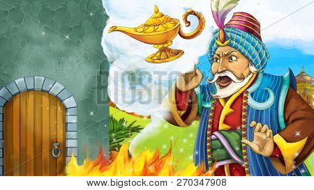 Cartoon Scene With Medieval Arabic Kingdom Prince Or King Traveling Near Wooden Door Entrance - Far 