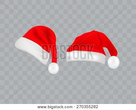 Big Set Of Realistic Santa Hats Isolated On Transparent Background. Vector Santa Claus Hat Colllecti