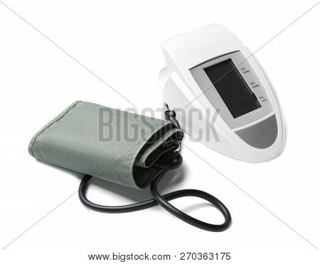 Modern Digital Sphygmomanometer For Measuring Blood Pressure And Checking Pulse On White Background