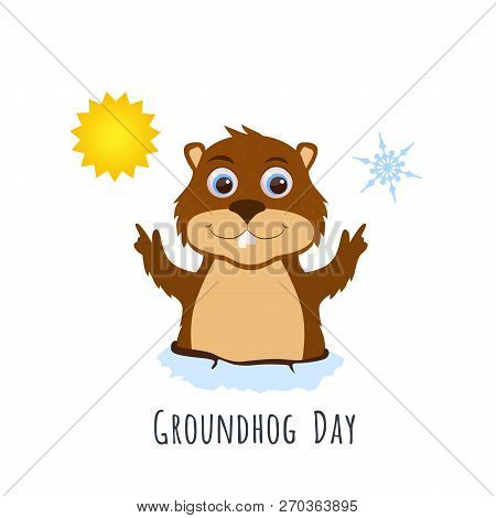 Groundhog Day. Cute Marmot Predicts The Weather. Vector Concept Illustration.