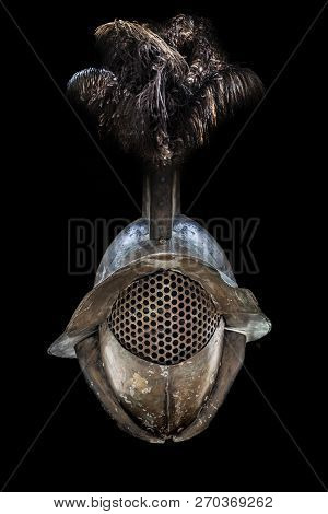 Gladiator Helmet 	Adorned With Ostrich Feathers. Ancient Roman Gladiator Reconstruction. Isolated Ov