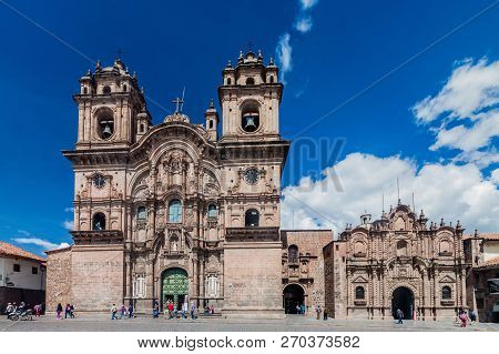 Cuzco, Peru - May 23, 2015:  La Compania De Jesus Church On Plaza De Armas Square In Cuzco, Peru.