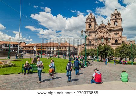 Cuzco, Peru - May 23, 2015:  La Compania De Jesus Church On Plaza De Armas Square In Cuzco, Peru.