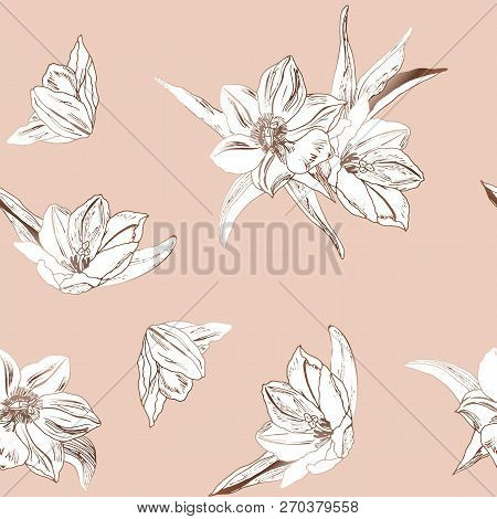 Seamless Pattern With Tulips On Pink Background. Vector Illustration