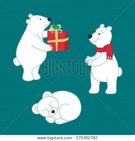 Set Of Vector Polar Bears For Your Design. Polar Bears In Winter.  Bears Are Preparing For Christmas