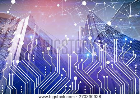 White Circuits And Network Hologram Over Purple Cityscape Background. Concept Of Modern Technology D