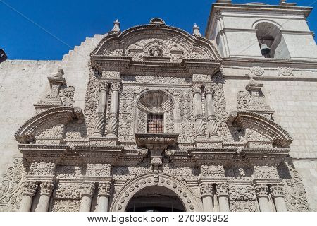 Front Facade Of La Compania Church In Arequipa, Peru