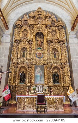 Arequipa, Peru - May 26, 2015: Altar Of La Compania Church In Arequipa