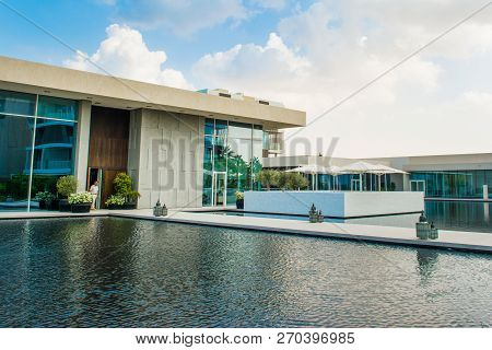 Ajman, United Arab Emirates - 30 October 2018: Landscape With Modern Design Buildings, Lagoon Pool A