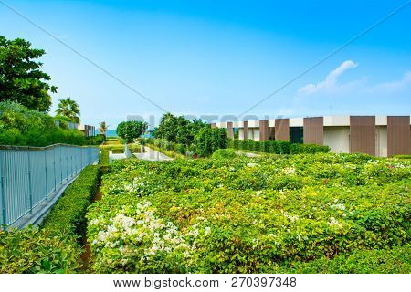 Ajman, United Arab Emirates - 30 October 2018: Landscape With Modern Design Villas And Garden In A L