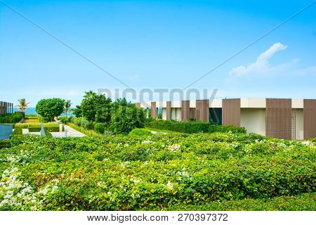 Ajman, United Arab Emirates - 30 October 2018: Landscape With Modern Design Villas And Garden In A L