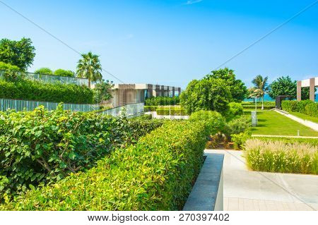 Ajman, United Arab Emirates - 30 October 2018: Landscape With Modern Design Villas And Garden In A L
