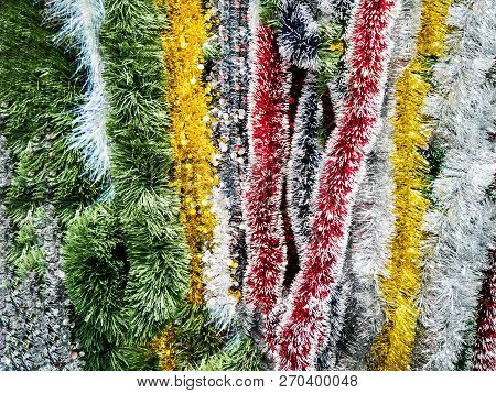 Green, Golden And Silver Christmas Decorations. Christmas Decoration With Shiny Glare. Interior Of A