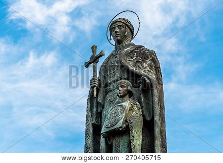 Pskov, Russian Federation - October 13, 2018: Monument To Princess Olga With Her Son Prince Vladimir