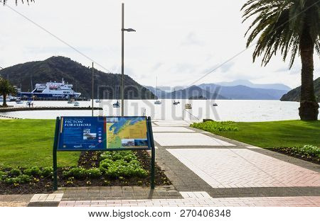 Picton, New Zealand - August 26, 2017: Picton Foreshore Located At The Head Of Queen Charlotte Sound