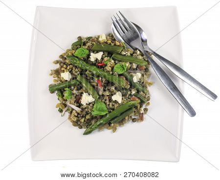 Lentils, Freekeh And Beans Salad With Asparagus, Green Beans, Red Chili And Basil Leaves, Is A Mix O