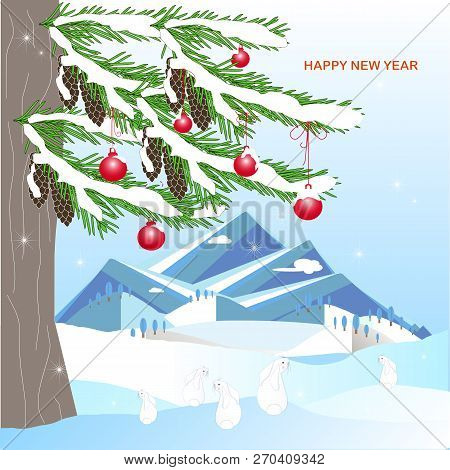 Romantic Winter Background With Green Fir Tree, Brown Cone, Mountain, Red Ball. Rabbit, In White Sno