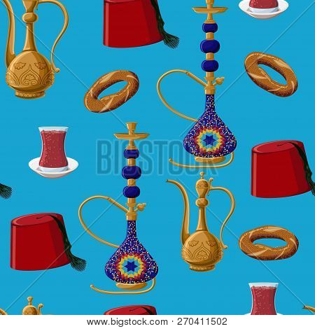 Turkish Culture Heritage Fez, Pitcher, Hookah, Glass Of Tea And Simit Seamless Pattern On Blue Backg