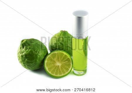 Kaffir Lime Extract Oil On White Background / Bergamot Essential Oil Thai Herbs Medicinal Properties
