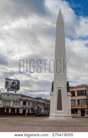 Ibarra, Ecuador - June 28, 2015: Obelisk In The Center Of Ibarra Town Called White City , Ecuador
