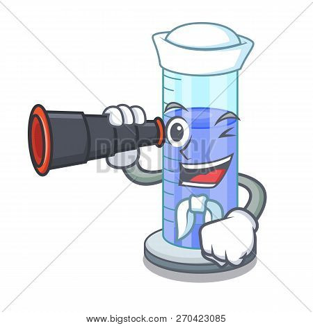 Sailor With Binocular Graduated Shaped Cylinder Isolated On Cartoon