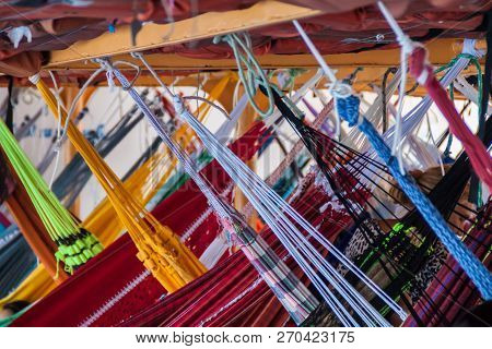 Hammock Deck At The River Boat Which Plies River Amazon In Brazil.