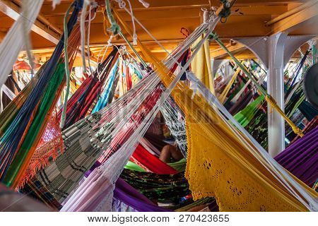 Amazon, Brazil - June 27, 2015: Hammock Deck At The Boat Anna Karoline Ii Which Plies River Amazon B