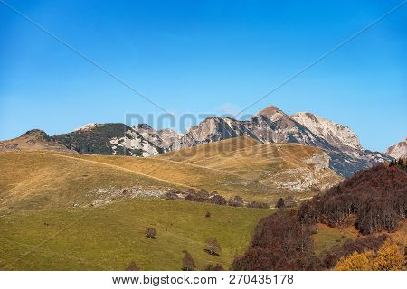 Plateau Of Lessinia, Regional Natural Park Of Lessinia, Veneto, Verona, Italy. In The Background The