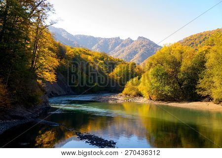 Scenic Landscape With Beautiful Mountain River. Autumn In Mountain Forest. Sunny Day.