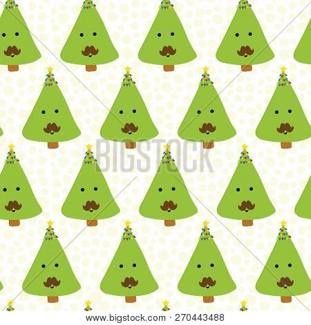 Funnny Christmas Trees With Mustache. Kids Fun Christmas Pattern. Seamless Christmas Vector Pattern.