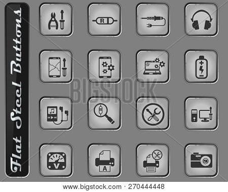 Electronics Repair Vector Web Icons On The Flat Steel Buttons