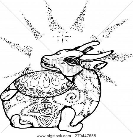 Black And White Pattern Of A Bull With Rays Coming Out Of The Head.