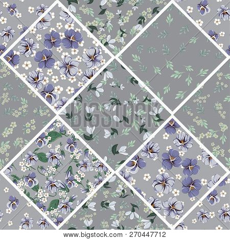 Seamless Colorful Pattern With Leaves And Bellflowers, Violet Leaves, Violaceous Flowers And Small W