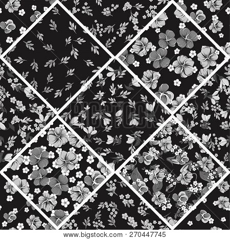 Seamless Colorful Pattern With Leaves And Bellflowers, Violet Leaves, Violaceous Flowers And Small W