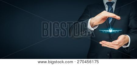 Travel Insurance Concept. Insurance Agent Or Businessman With Protective Gesture And Icon Of Plane. 