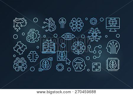 Digital Brain Vector Blue Horizontal Banner. Ai Concept Illustration In Outline Style On Dark Backgr