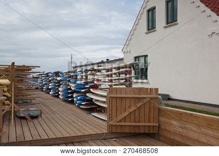Klitmoller, Denmark-august 15,2018: The Surfboard Rental On The Beach. Cold Hawaii Klitmoller Is Fam