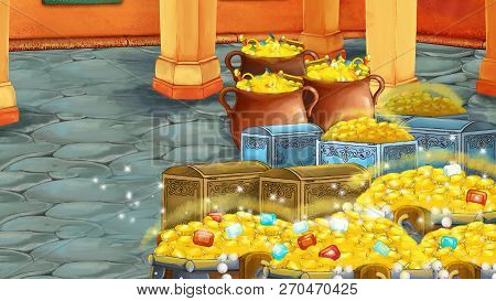 Cartoon Scene With Medieval Arabic Room With Treasures - Far East Ornaments - The Stage For Differen