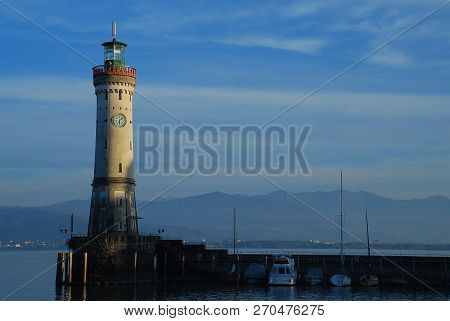 Harbour Entrance Of Lindau,  Lake Constance (german: Bodensee) With The New Lighthouse. The Lindau L