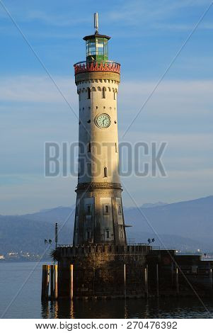Harbour Entrance Of Lindau,  Lake Constance (german: Bodensee) With The New Lighthouse. The Lindau L