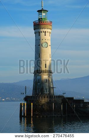 Harbour Entrance Of Lindau,  Lake Constance (german: Bodensee) With The New Lighthouse. The Lindau L