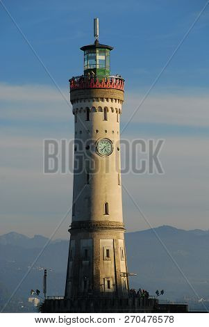 Harbour Entrance Of Lindau,  Lake Constance (german: Bodensee) With The New Lighthouse. The Lindau L