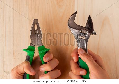 Construction Tools, The Order Of Construction Work For The Money. A Set Of Tools Wood Panel With A S