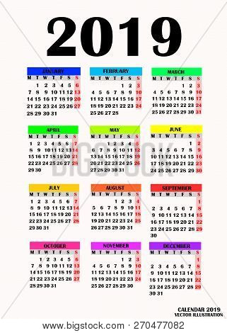 Year 2019 Calendar. Simple Design For Calendar 2019. Calendar On White Background For Organization A