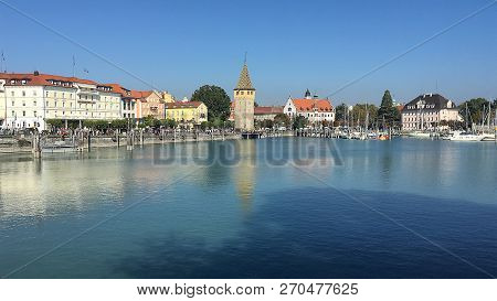 Harbour Of Lindau, Lake Constance (german: Bodensee) With The Tower Mangturm. The Mangturm Tower In 