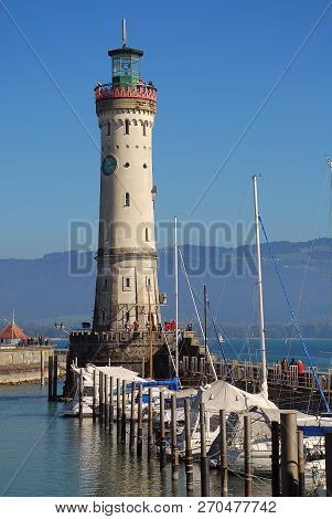 Harbour Entrance Of Lindau,  Lake Constance (german: Bodensee) With The New Lighthouse. The Lindau L