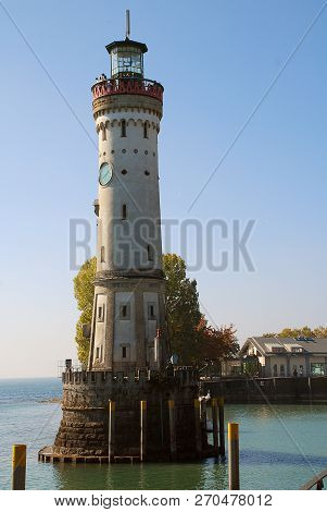 Harbour Entrance Of Lindau,  Lake Constance (german: Bodensee) With The New Lighthouse. The Lindau L