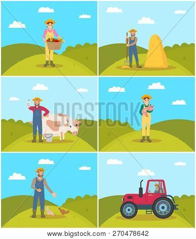 Farmer With Wicker Basket Set Vector. Hayfork Held By Man, Farming Woman Harvesting On Field Holding